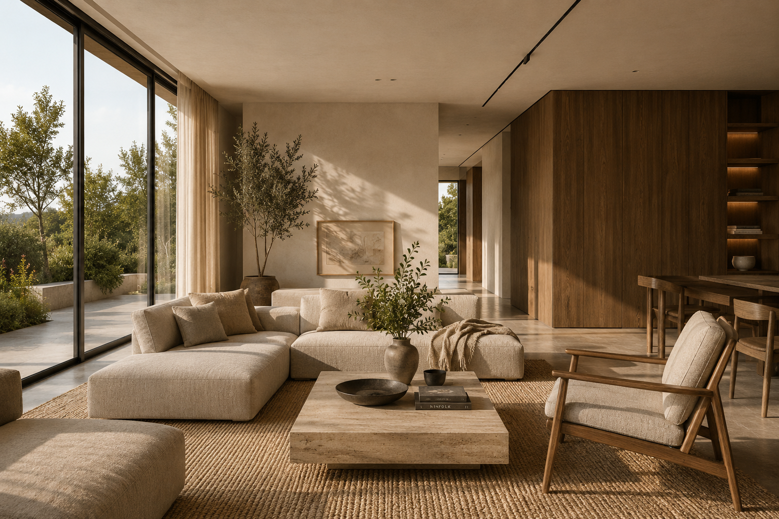 Warm contemporary interior featuring natural stone, timber and soft natural light